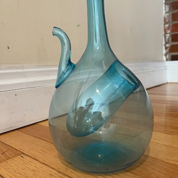 Vintage 1960's Bischoff Turquoise Pinched Center Glass Decanter With Stopper - Picture 3 of 9